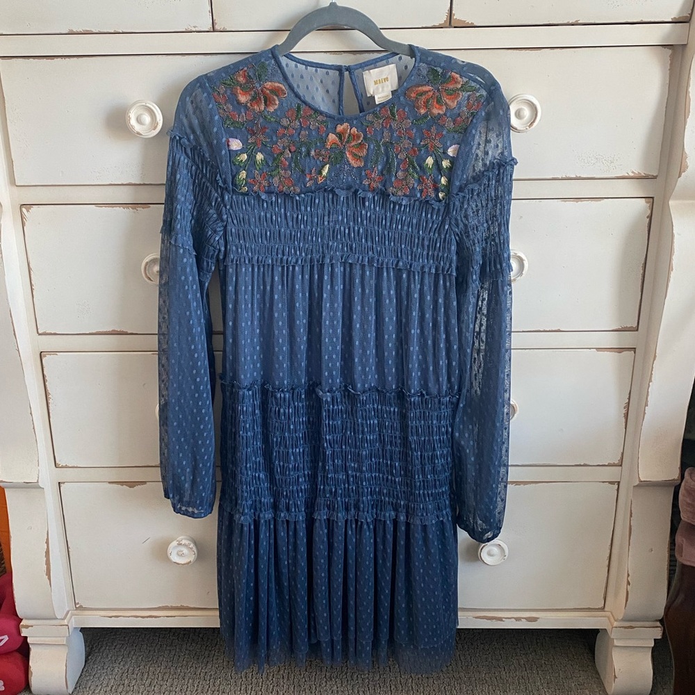 Maeve Blue Long-Sleeve Embroidered Yoke Dress